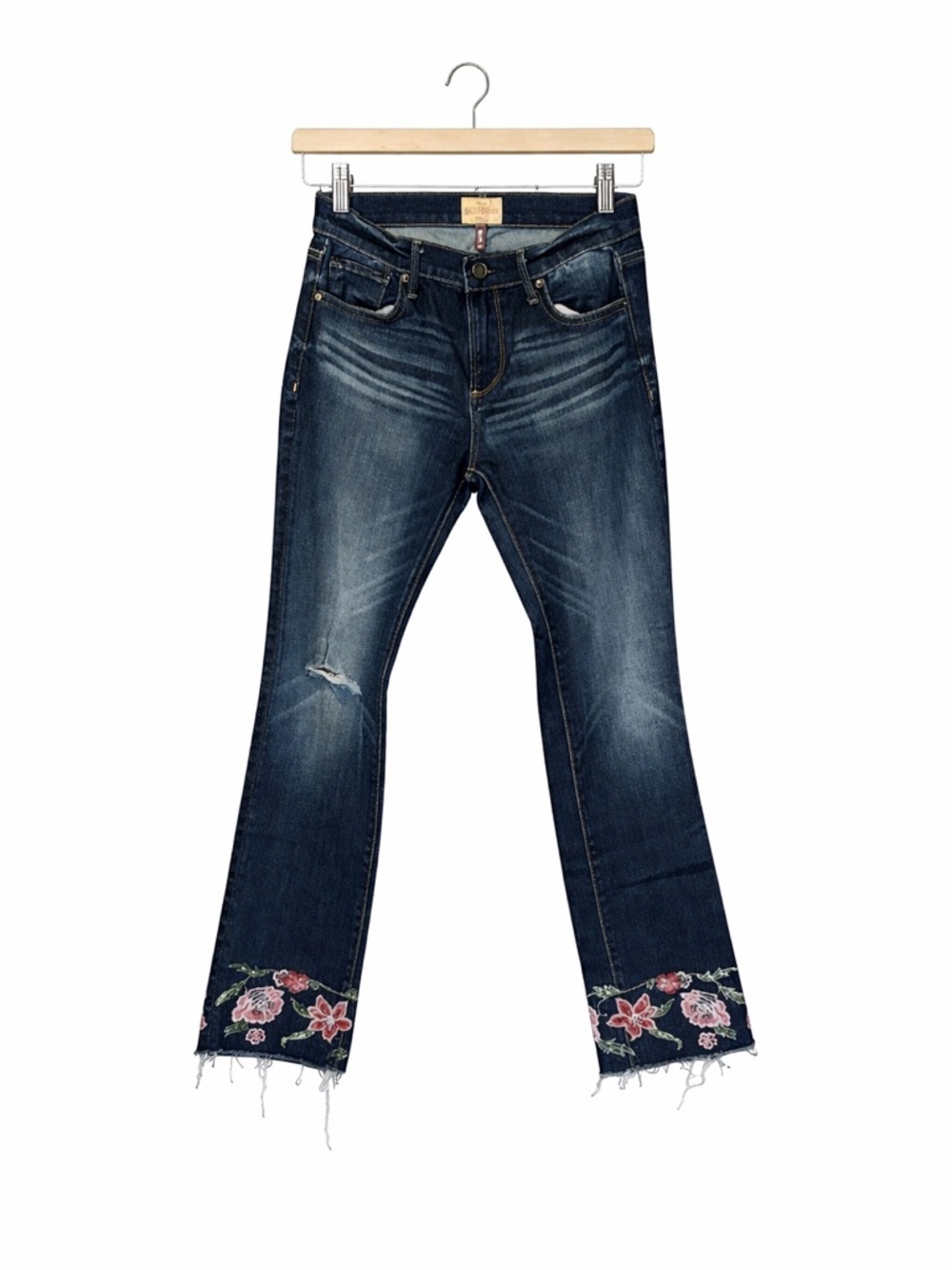 Driftwood Colette Jeans 26 Floral Embroidered Straight Leg Raw Hem Distressed